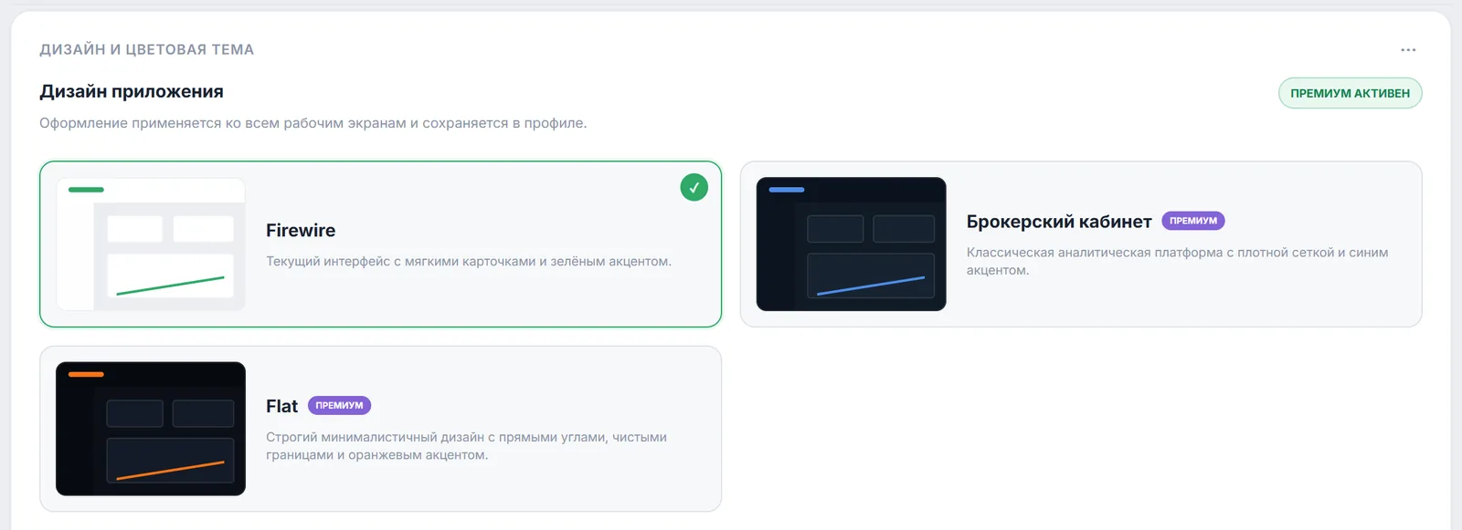 Раздел «Оформление»: карточки дизайнов Firewire, «Брокерский кабинет» и Flat с метками «Премиум»