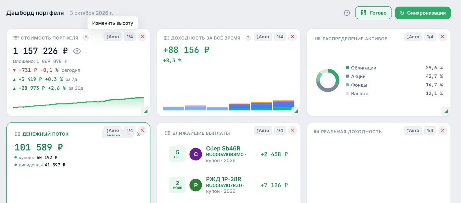 Dashboard in edit mode: the ↕ Auto height and 1/4 width buttons on cards