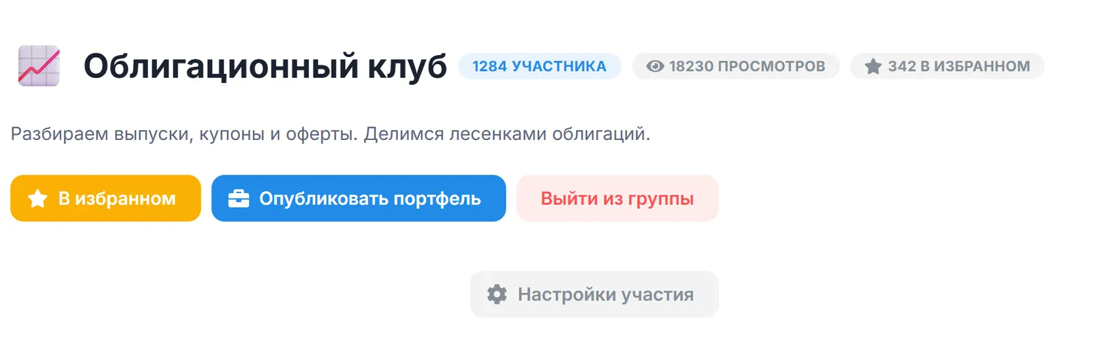 Страница сообщества «Облигационный клуб»: число участников, просмотров и добавлений в избранное, кнопки «В избранном», «Опубликовать портфель», «Выйти из группы» и «Настройки участия»