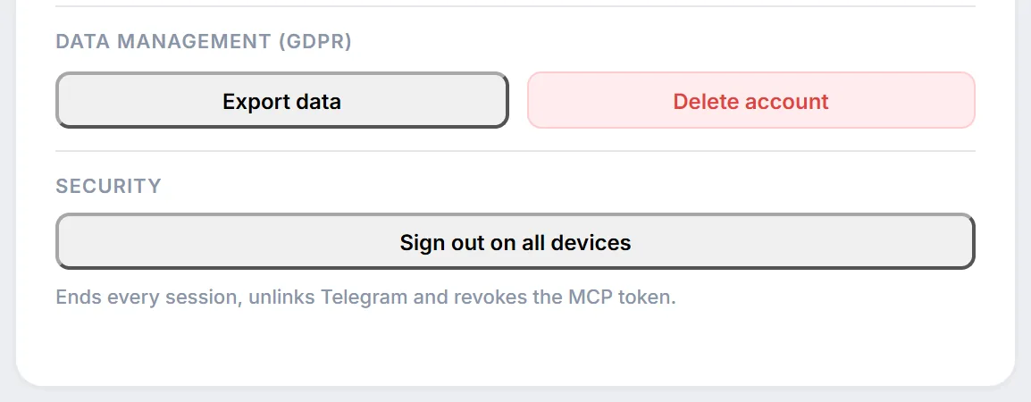 The Preferences widget: the Data Management block with Export data and Delete account buttons and the Security block with Sign out on all devices