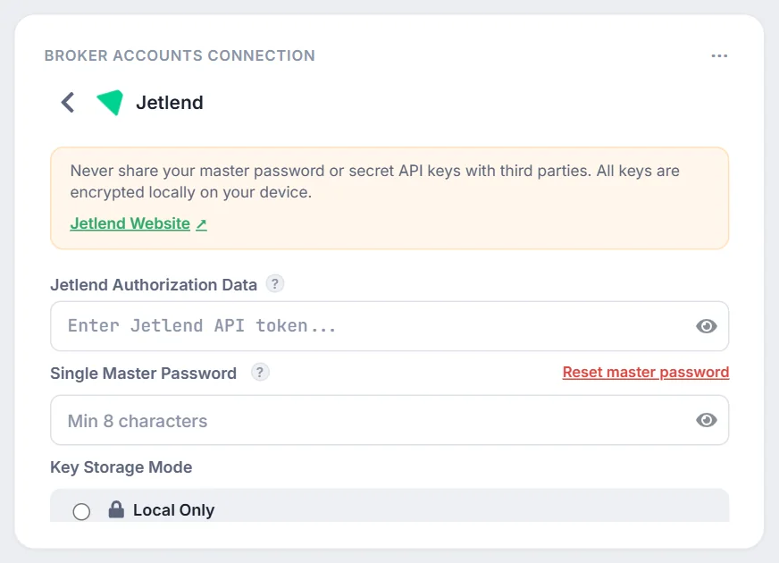 Jetlend connection form in the broker connection block