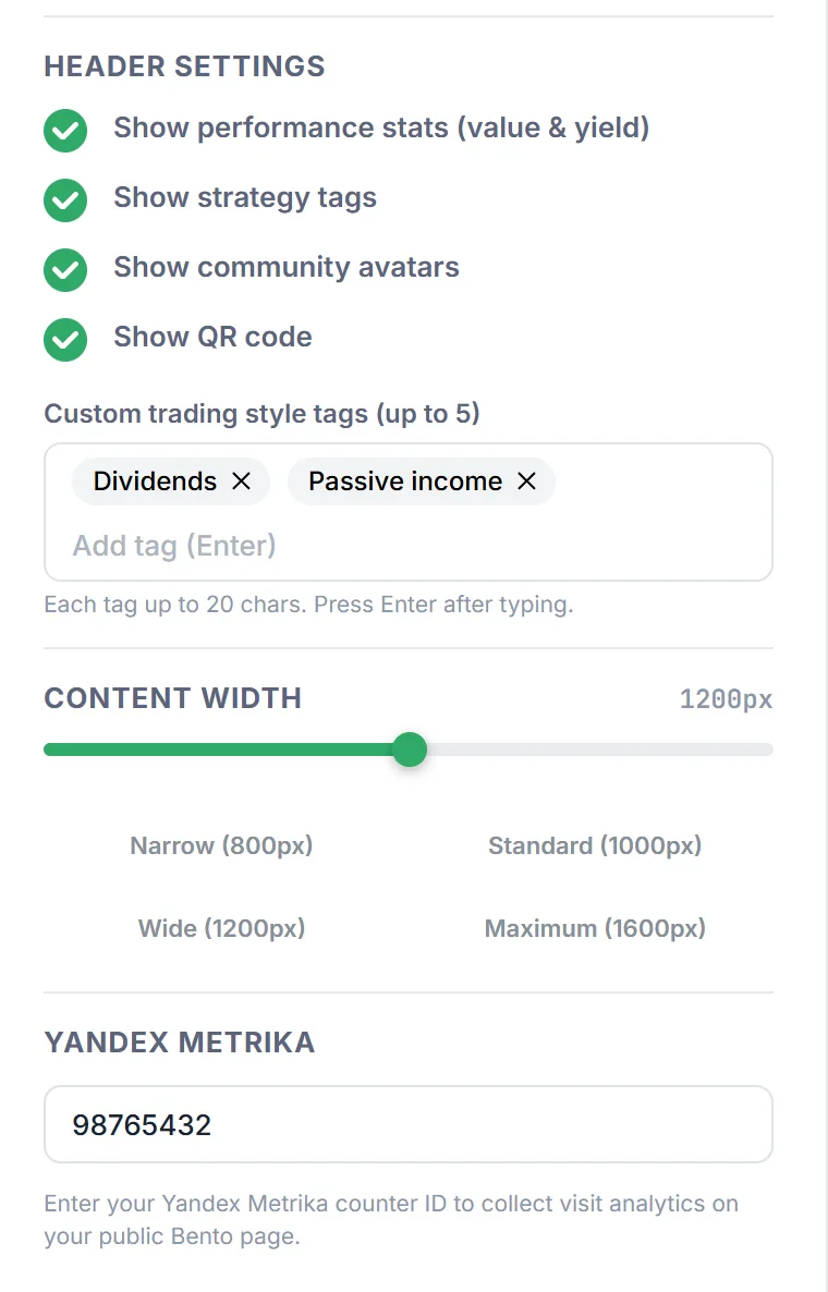 Header Settings block: switches for stats, tags, community avatars and QR code, strategy tags, content width and the Yandex Metrika field