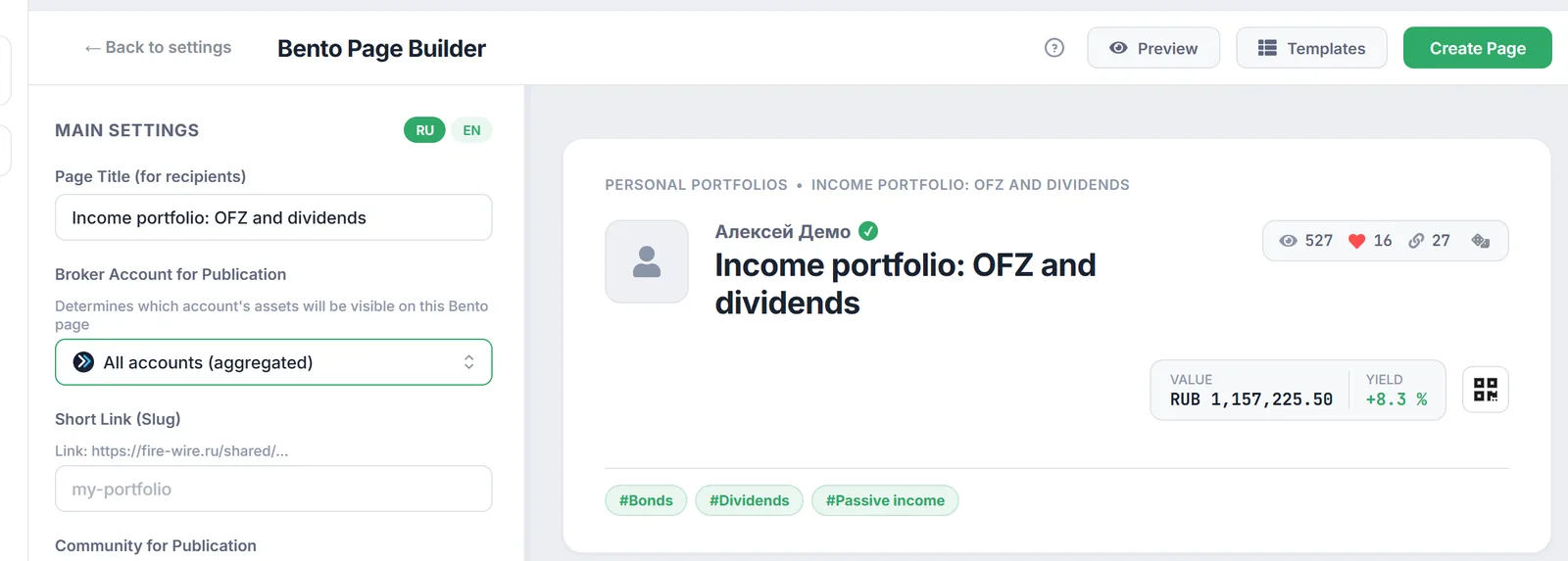 Bento Page Builder: Preview, Templates and Create Page buttons, main settings and the header preview with tags and a QR code