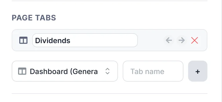 Page Tabs block: two named tabs, icon picker and the Tab name field