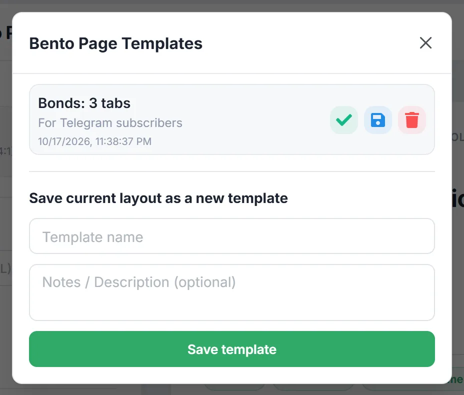 Bento Page Templates window: a saved template with a name and a note, apply, overwrite and delete buttons