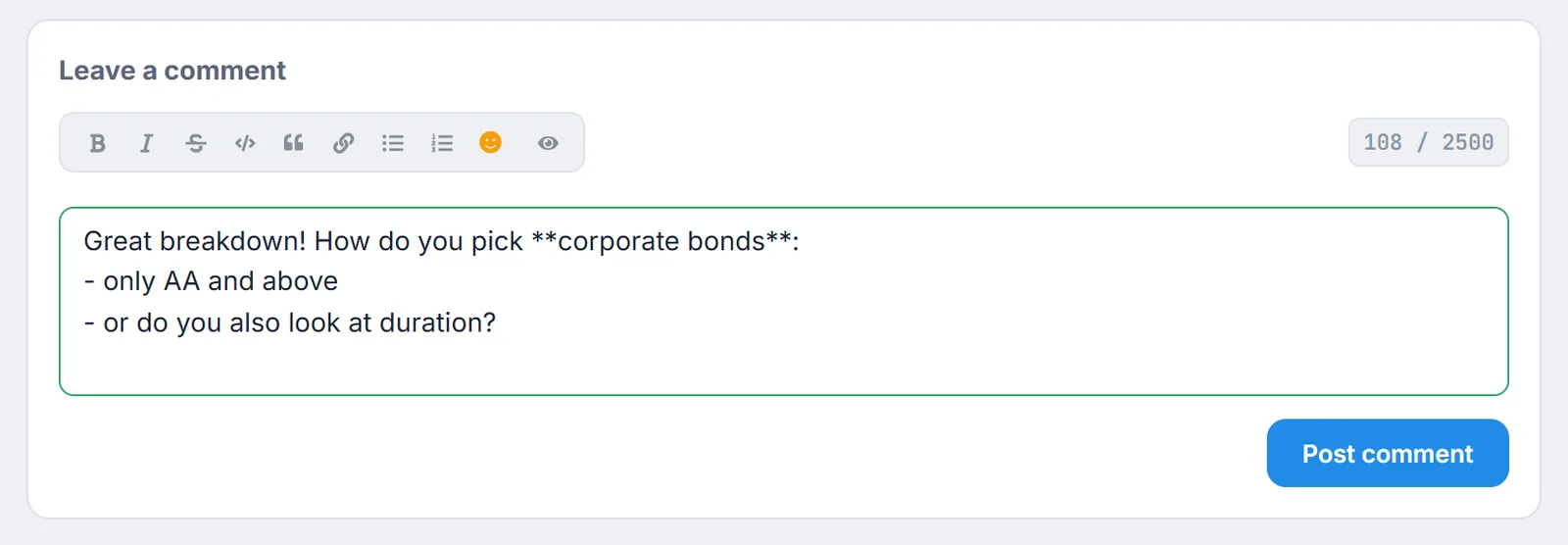 The “Leave a comment” block: Markdown toolbar, preview button, the 2,500-character counter and the “Post comment” button
