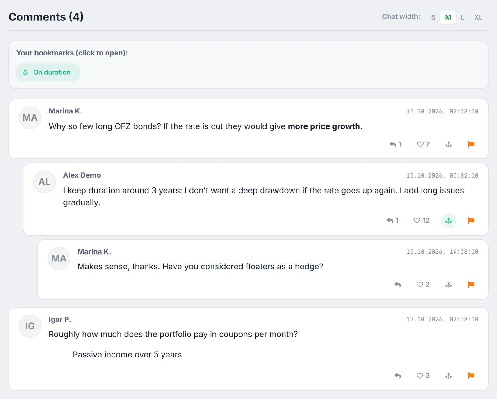 The “Comments (4)” section: chat width switch, an “On duration” bookmark, a thread of a question and two replies, and reply, like, bookmark and report buttons
