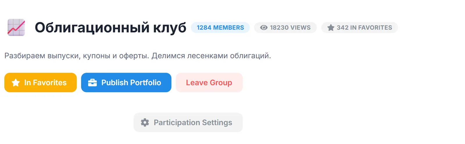 Community page: member, view and favorites counters, In Favorites, Publish Portfolio, Leave Group and Participation Settings buttons