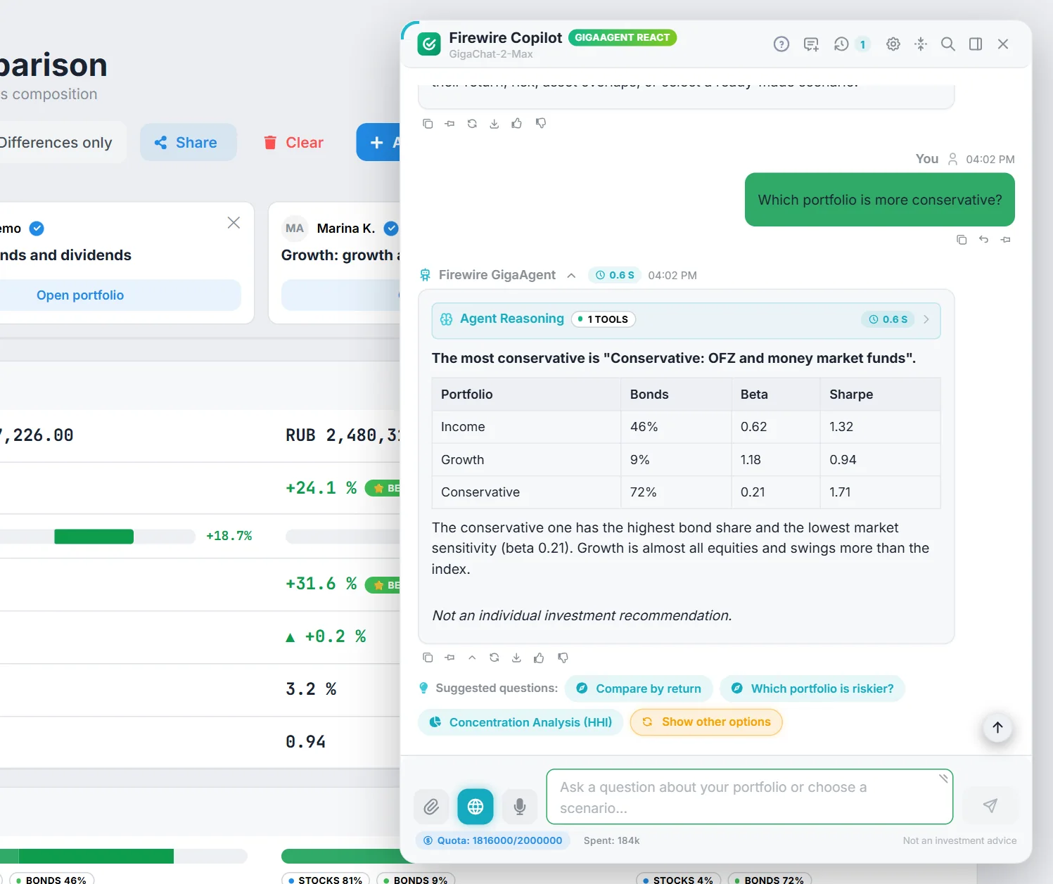 AI Copilot floating modal on comparison page displaying comparative audit card and follow-up suggestion chips