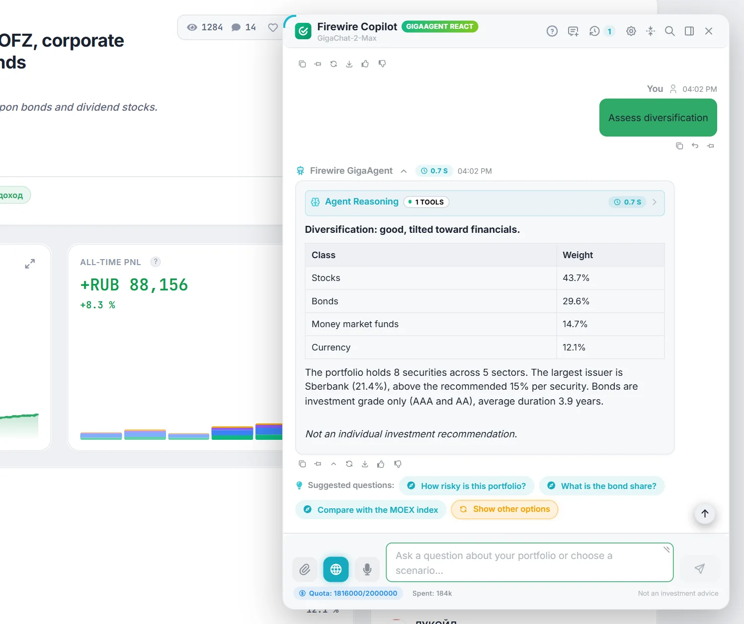 AI Copilot modal on shared portfolio page presenting diversification analysis and suggestion chips