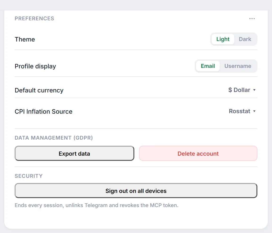 The Preferences widget: theme, profile display, default currency and CPI inflation source