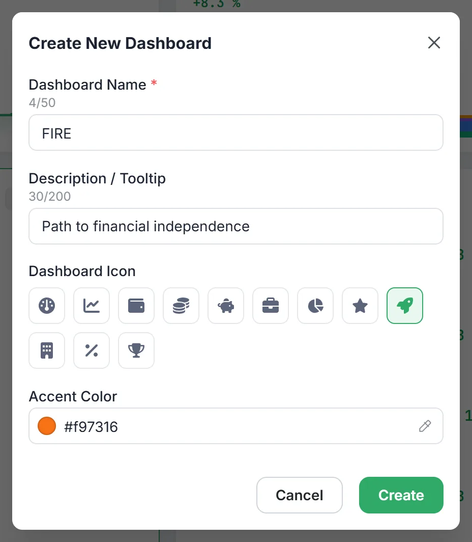 Create New Dashboard window: name, description tooltip, icon and accent color
