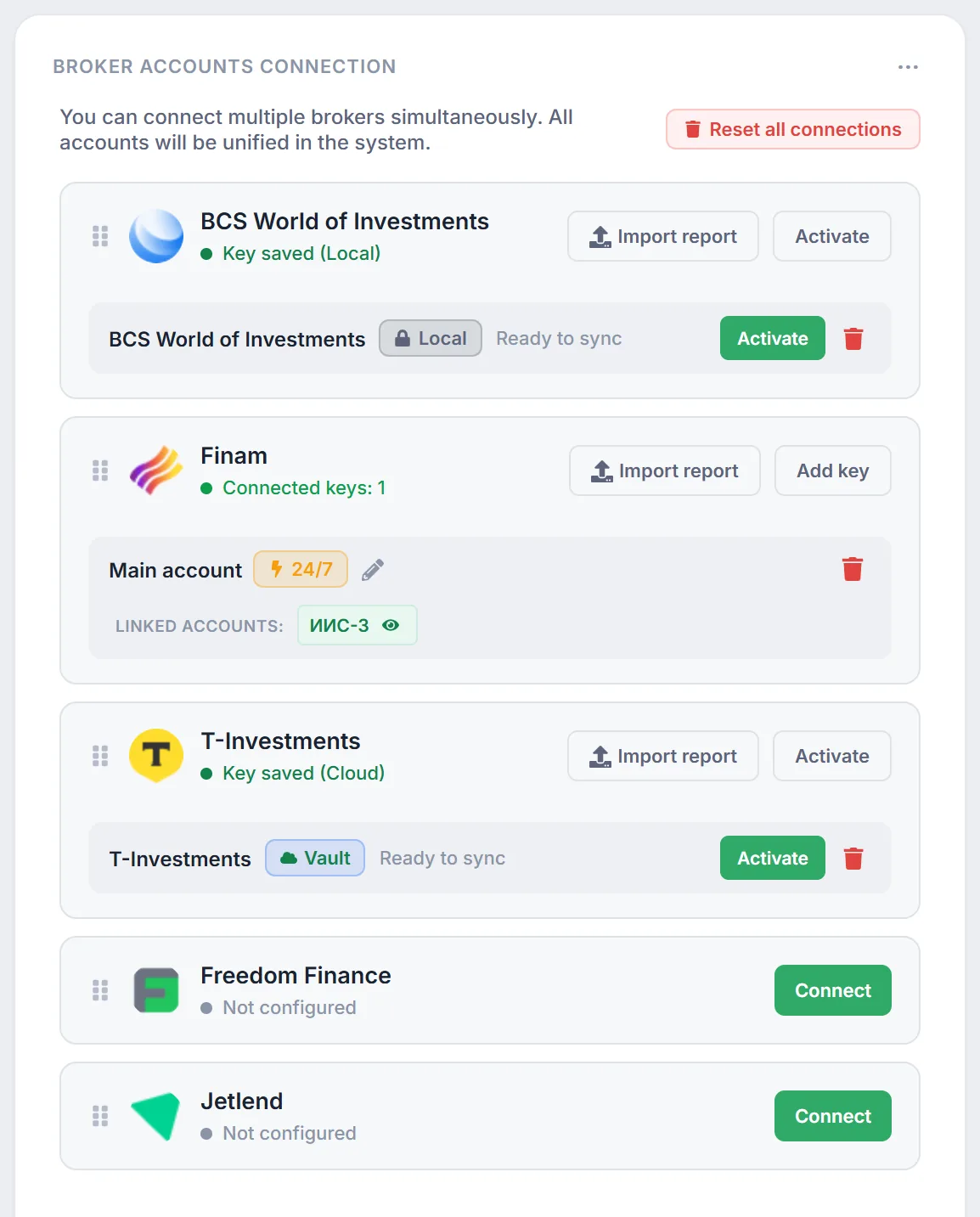 The “Broker Accounts Connection” card: BCS with a “Local” key, Finam with an active “24/7” connection, T-Investments with a “Vault” key, and “Activate” buttons