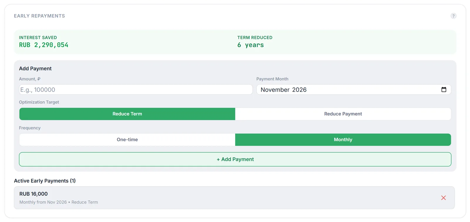 Early Repayments block: RUB 16,000 monthly with term reduction, interest saved RUB 2,290,054, term reduced by 6 years