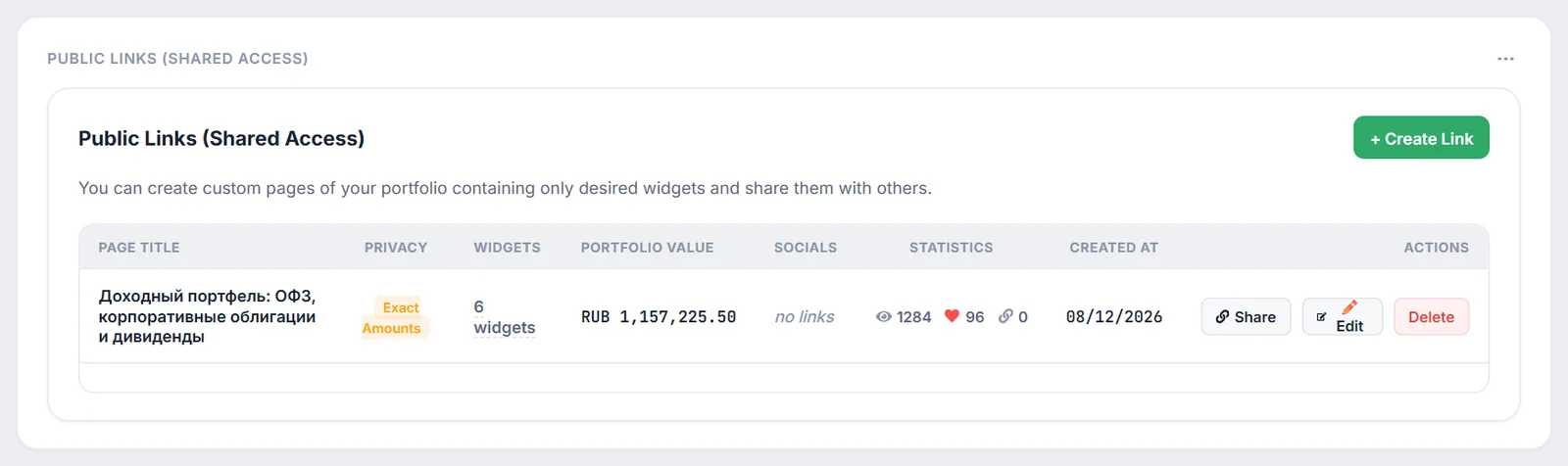 Portfolio Sharing configuration screen and public link toggle