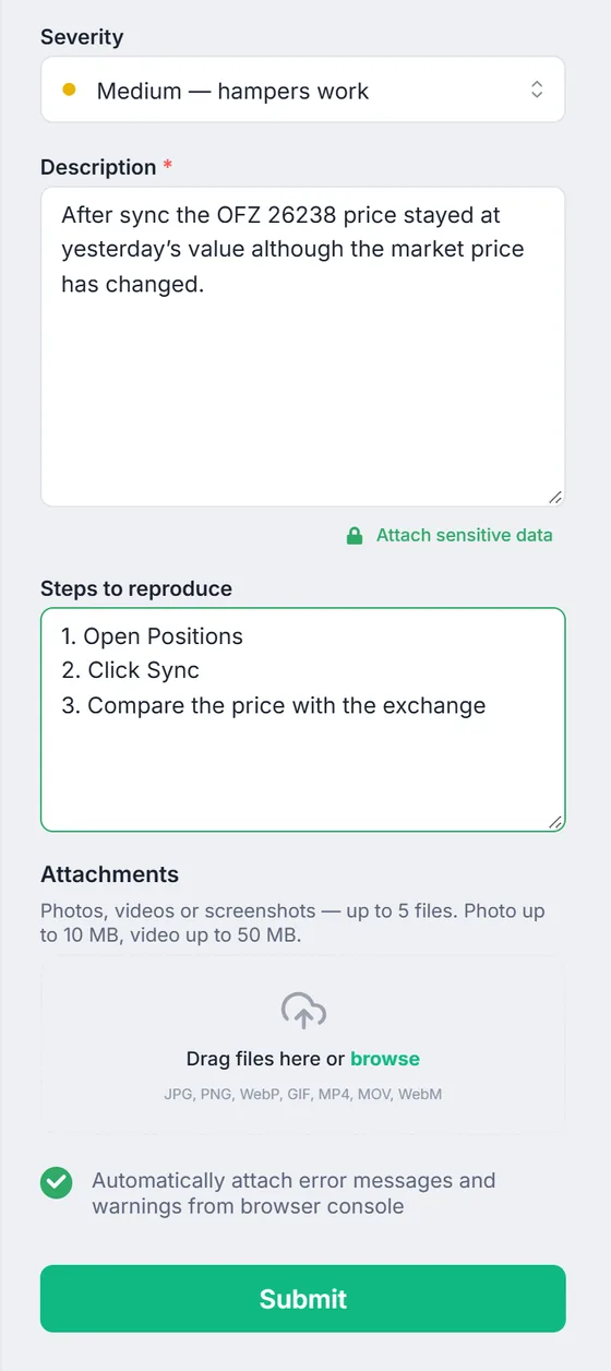 The “Report a bug” form: severity, description, the “Attach sensitive data” link, steps to reproduce, attachments and the console logs checkbox