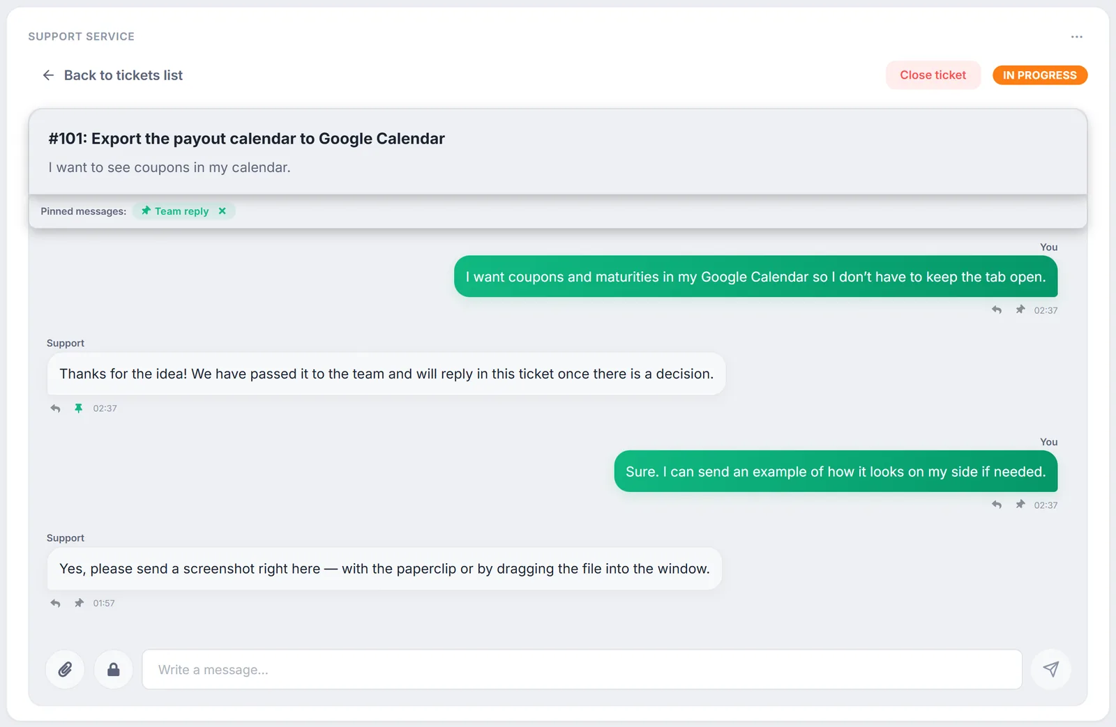 Conversation in ticket #101: a pinned “Team reply” message, support replies, the “Close ticket” button and the “Write a message...” field