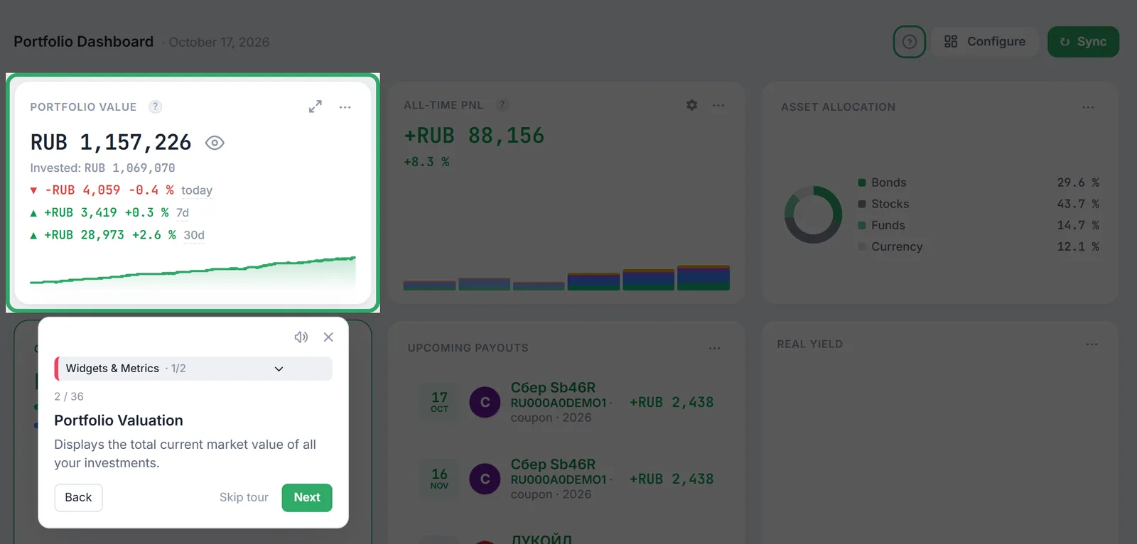 Dashboard tour: the highlighted Portfolio Value widget and step card 2 of 36 in the Widgets & Metrics chapter