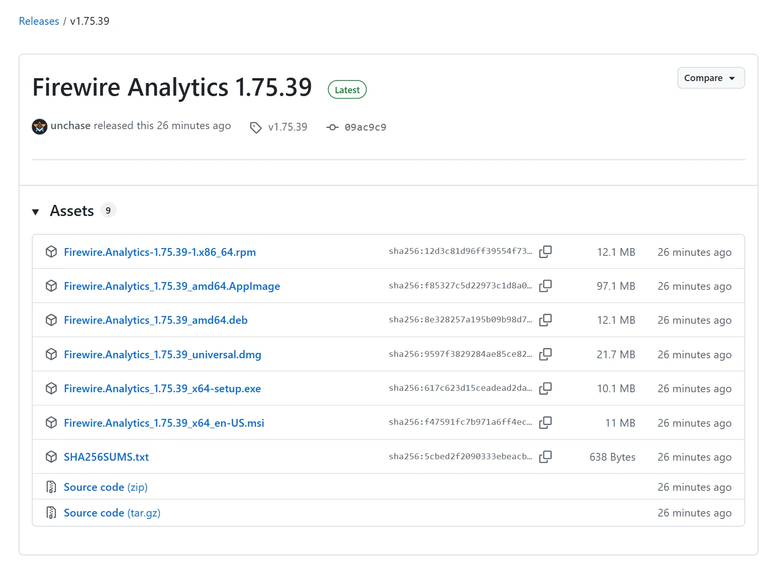 Страница релиза в unchase/firewire-releases: установщики .exe и .msi для Windows, .dmg для macOS, .deb, .rpm и AppImage для Linux и файл SHA256SUMS.txt