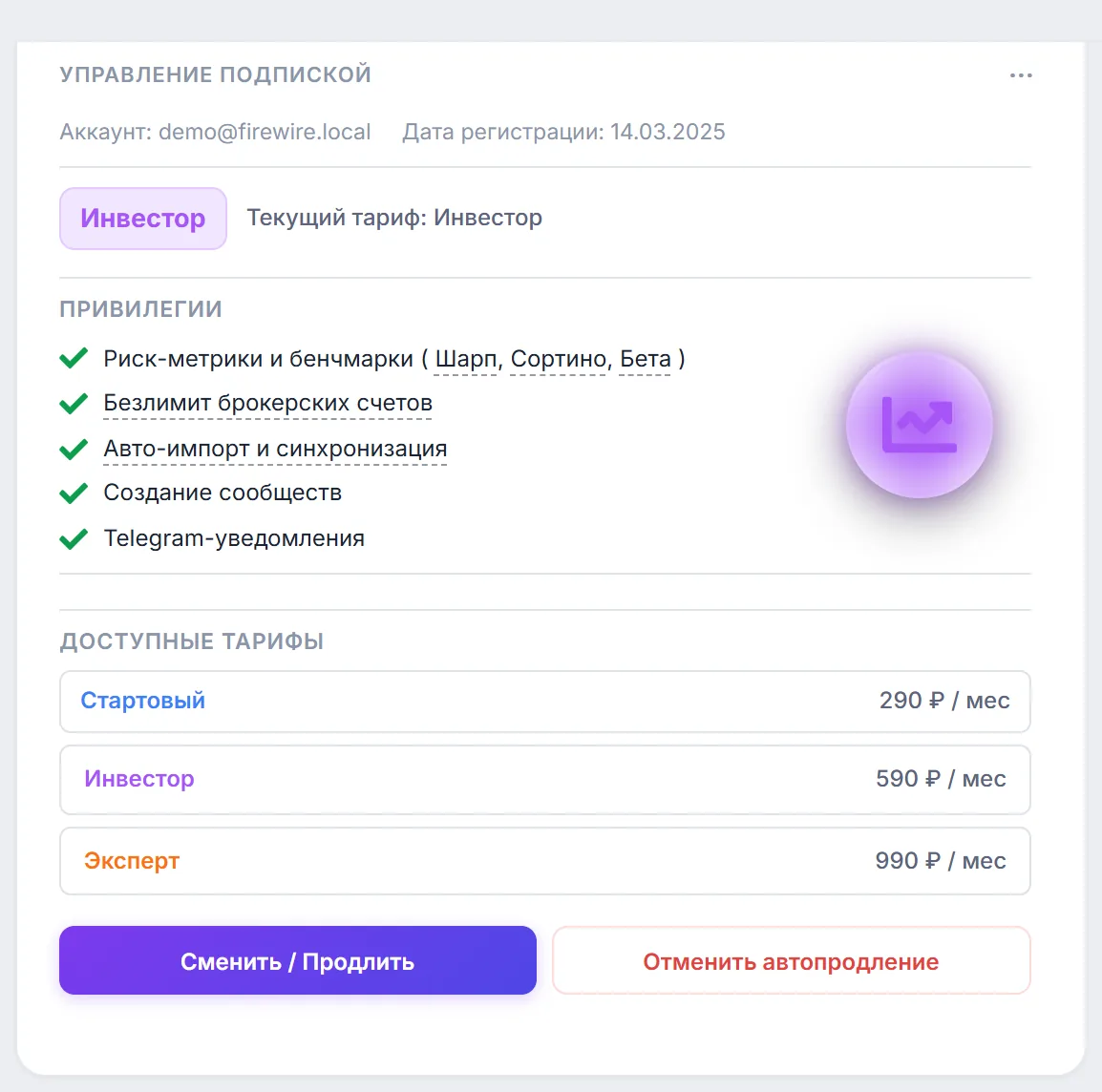 Виджет «Управление подпиской»: текущий тариф, привилегии, доступные тарифы и кнопки «Сменить / Продлить» и «Отменить автопродление»