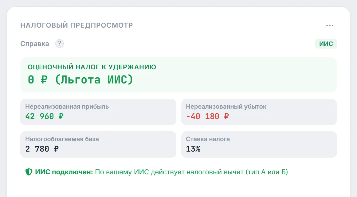 Налоговый предпросмотр для ИИС: метка «ИИС», оценочный налог «0 ₽ (Льгота ИИС)» и пояснение о налоговом вычете